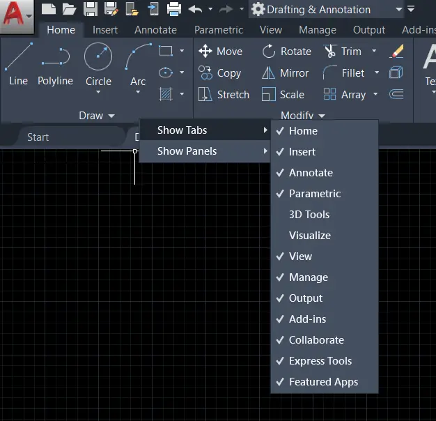 Hide/show panels in AutoCAD AutoCAD Workspace Settings