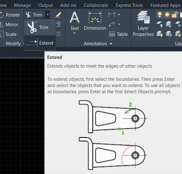 Extend command in Autocad