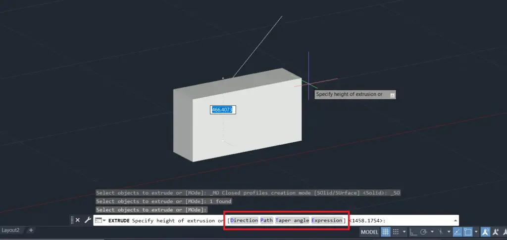 Command bar Extrude options in AutoCAD 3D