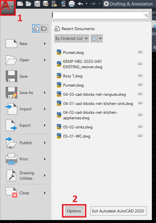 Application menu in AutoCAD