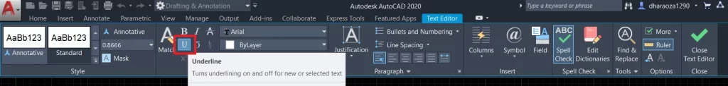underline text in AutoCAD