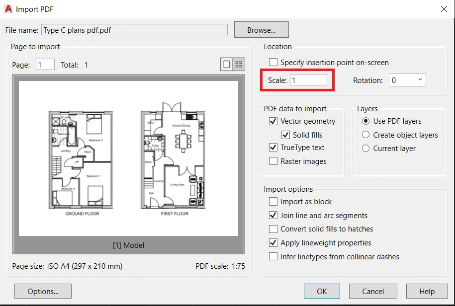 scale a PDF in AutoCAD while inserting or attaching