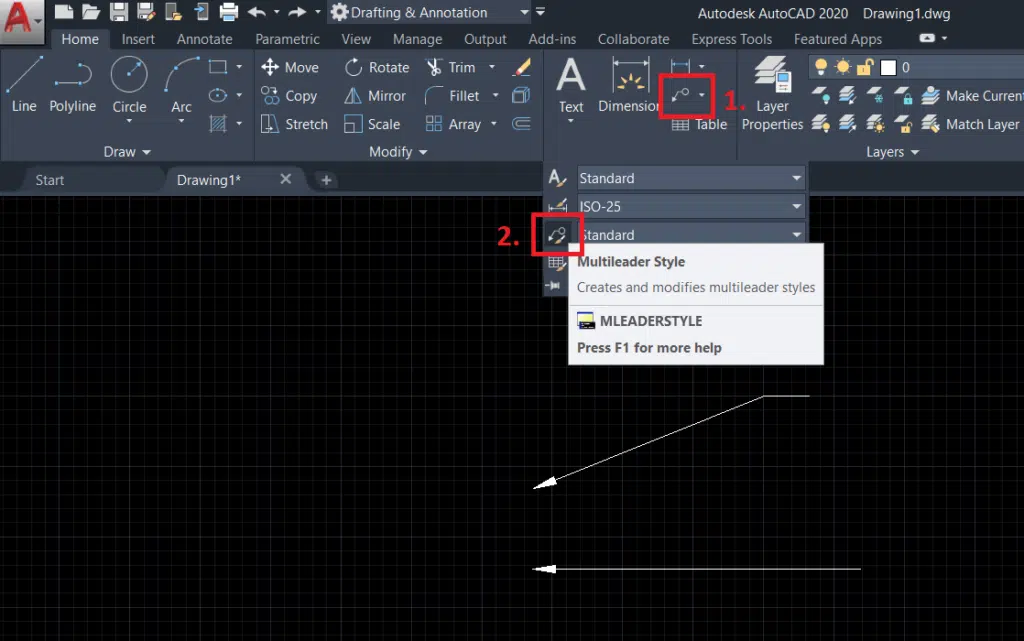 to draw curved arrow in autocad by leader command