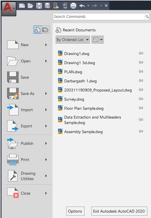 Application menu AutoCAD