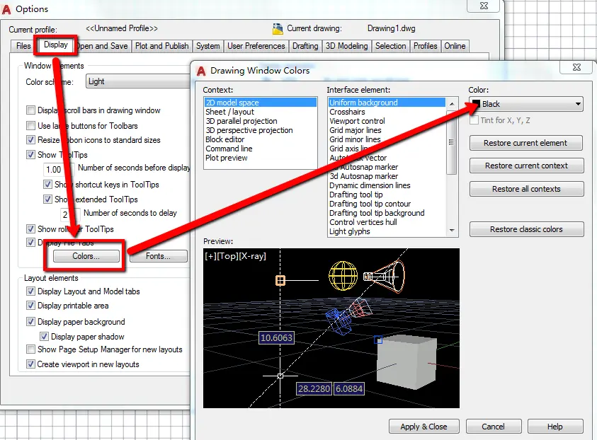 To change the canvas background color in AutoCAD for Windows