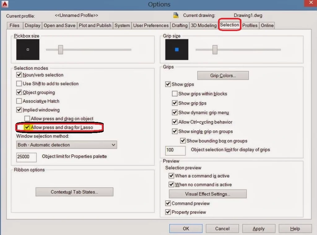 turn off the lasso feature in AutoCAD.